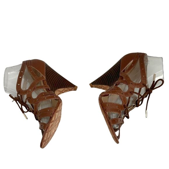 Y2K LAMB Lace Up Wedge Heels Brown Caged Leather Indie Lolita Boho Glam Open - Picture 6 of 12